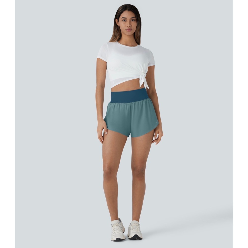 Halara QuickDry High Waisted 2-in-1 Running Shorts Blue Green Reflective Small